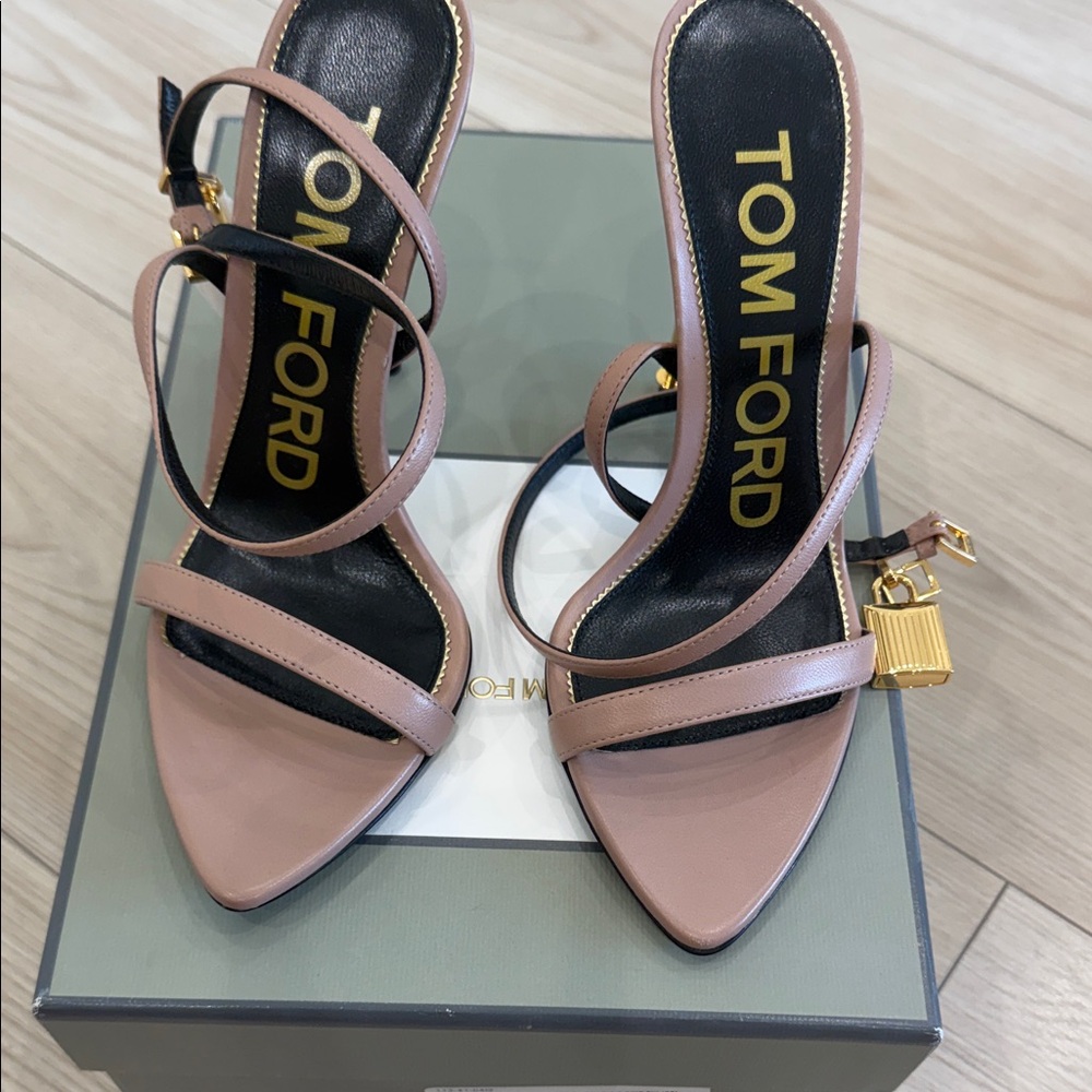 Tom Ford Pink Strappy Leather High-Heel Sandals with Gold Padlock Accent
